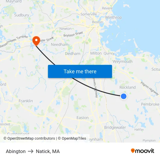 Abington to Natick, MA map