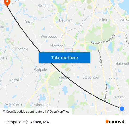 Campello to Natick, MA map