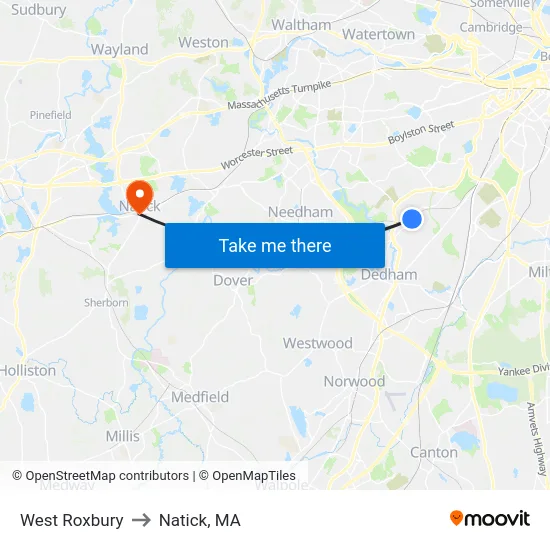 West Roxbury to Natick, MA map