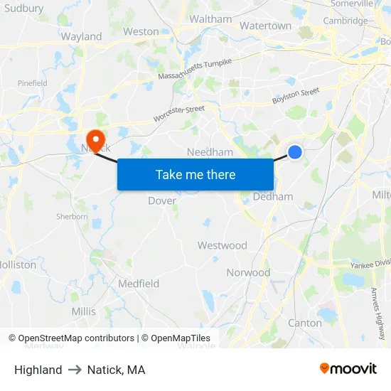 Highland to Natick, MA map