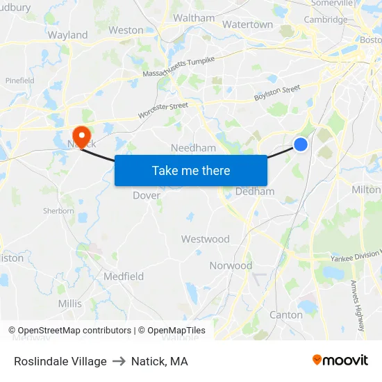 Roslindale Village to Natick, MA map