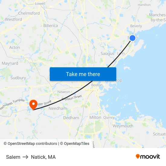 Salem to Natick, MA map