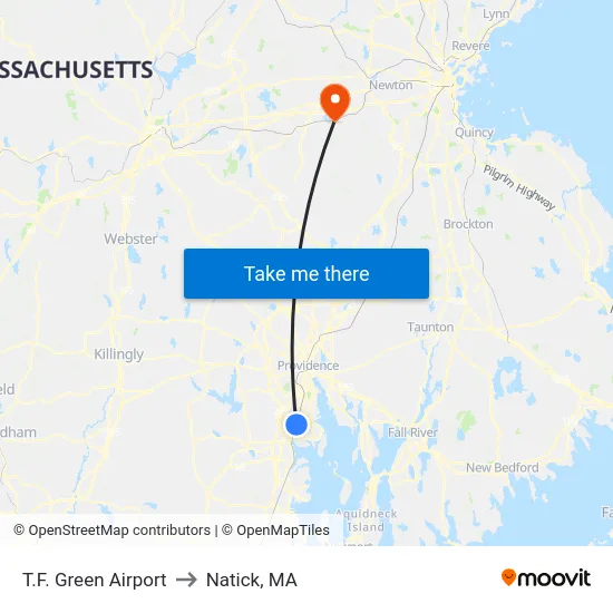 T.F. Green Airport to Natick, MA map