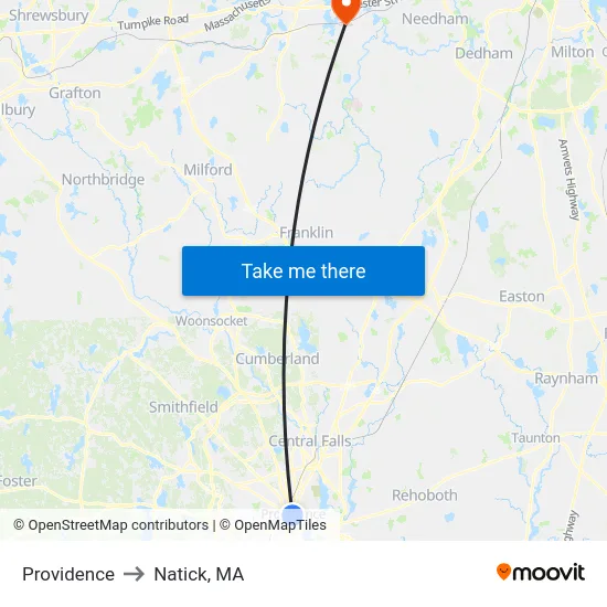 Providence to Natick, MA map