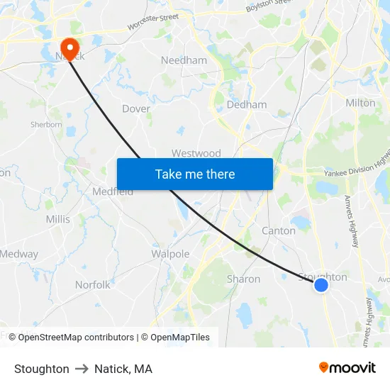 Stoughton to Natick, MA map