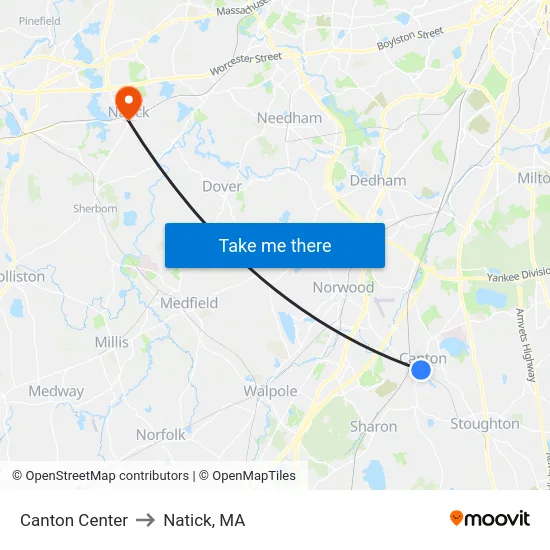 Canton Center to Natick, MA map