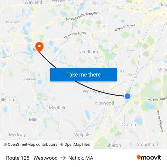 Route 128 - Westwood to Natick, MA map