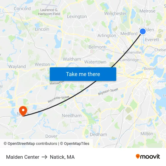 Malden Center to Natick, MA map