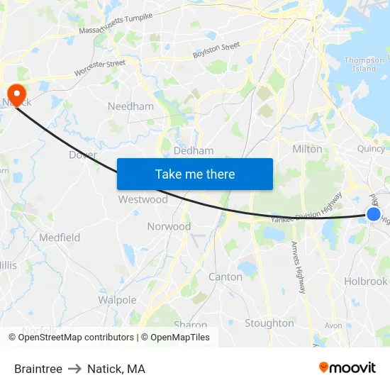 Braintree to Natick, MA map