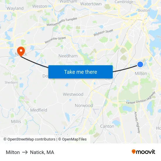 Milton to Natick, MA map