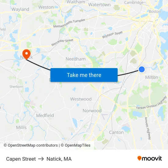 Capen Street to Natick, MA map
