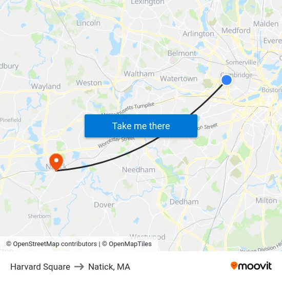 Harvard Square to Natick, MA map