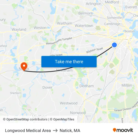 Longwood Medical Area to Natick, MA map