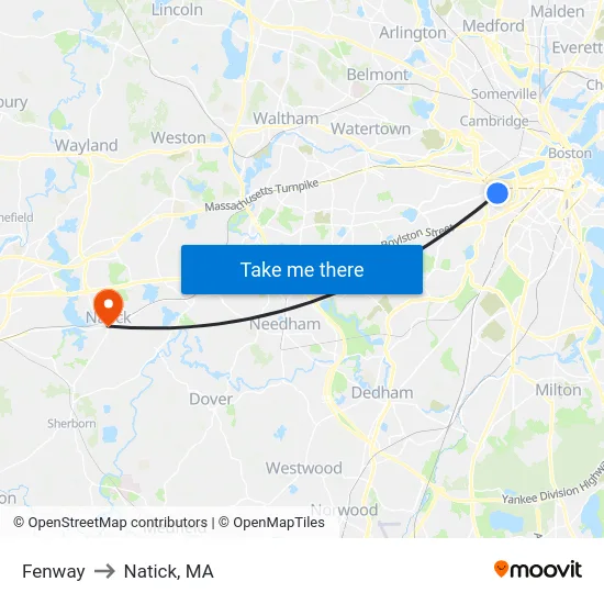 Fenway to Natick, MA map