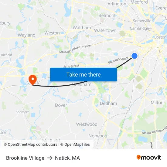 Brookline Village to Natick, MA map
