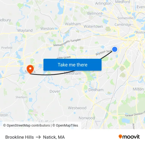 Brookline Hills to Natick, MA map