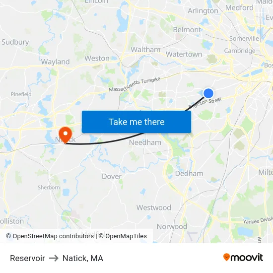 Reservoir to Natick, MA map
