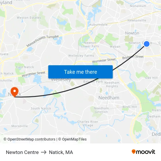 Newton Centre to Natick, MA map