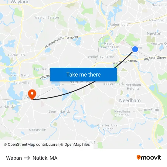 Waban to Natick, MA map