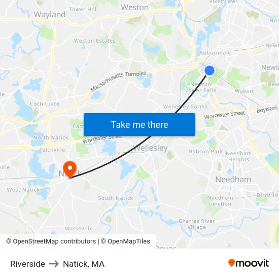 Riverside to Natick, MA map