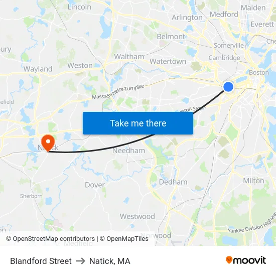 Blandford Street to Natick, MA map