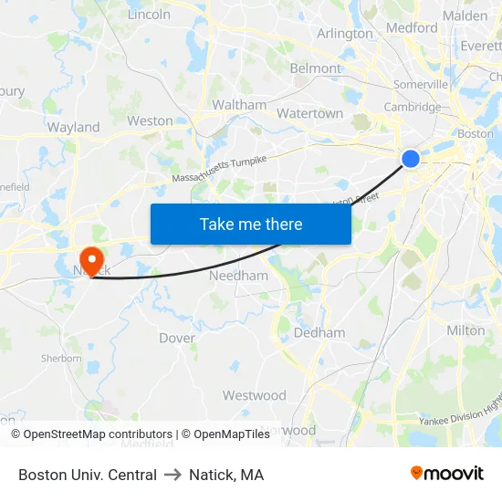 Boston Univ. Central to Natick, MA map