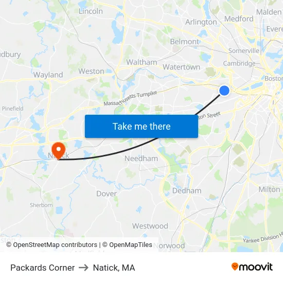 Packards Corner to Natick, MA map