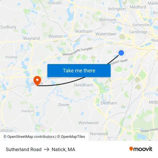 Sutherland Road to Natick, MA map