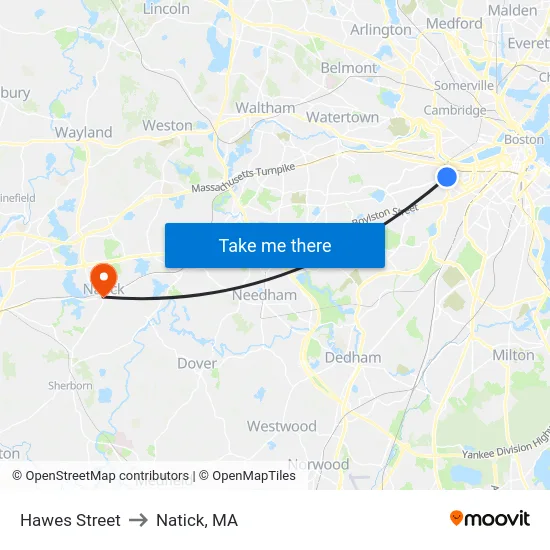 Hawes Street to Natick, MA map