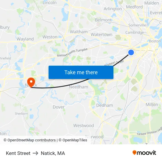 Kent Street to Natick, MA map