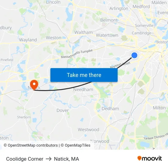 Coolidge Corner to Natick, MA map