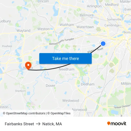 Fairbanks Street to Natick, MA map