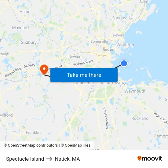 Spectacle Island to Natick, MA map