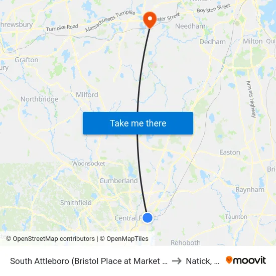 South Attleboro (Bristol Place at Market Basket) to Natick, MA map