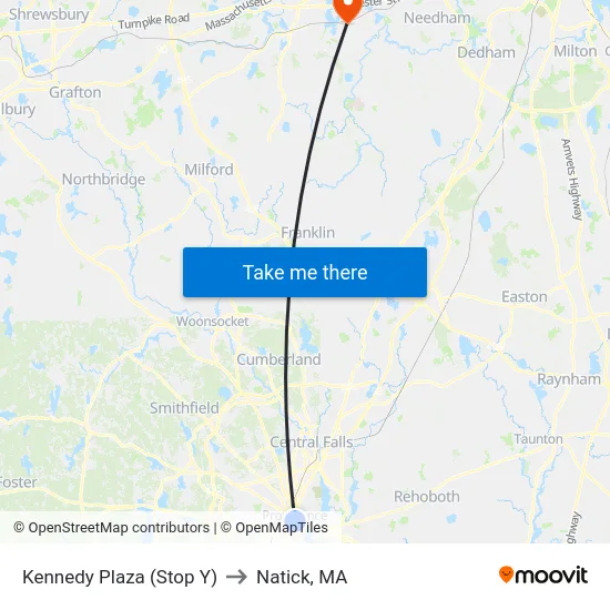 Kennedy Plaza (Stop Y) to Natick, MA map