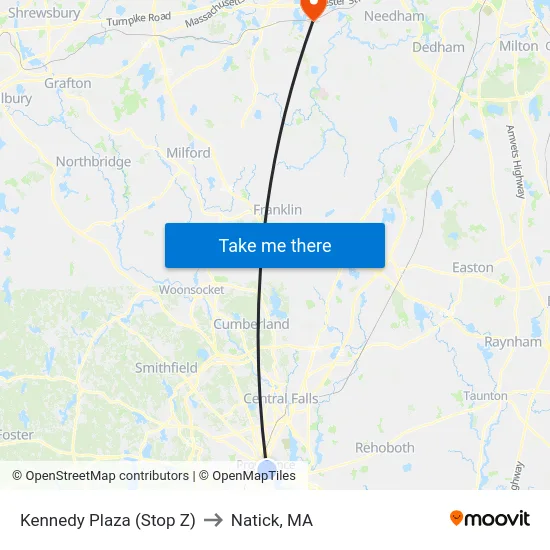Kennedy Plaza (Stop Z) to Natick, MA map