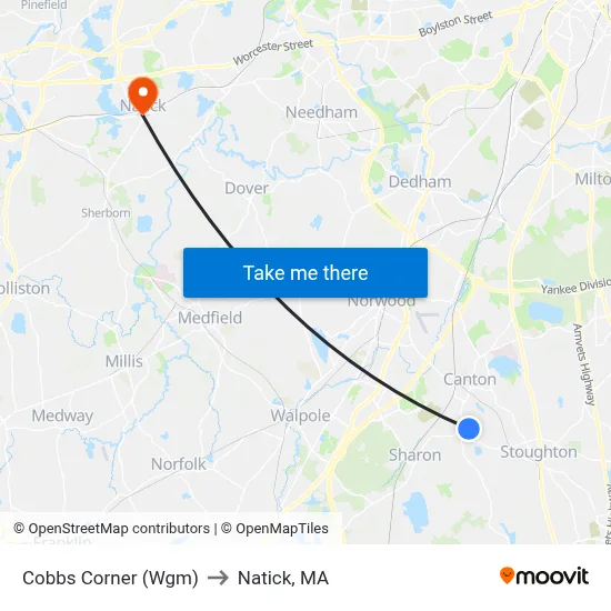 Cobbs Corner (Wgm) to Natick, MA map