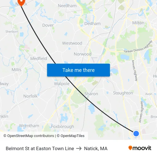 Belmont St at Easton Town Line to Natick, MA map