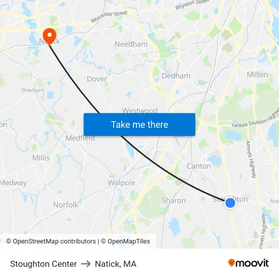 Stoughton Center to Natick, MA map