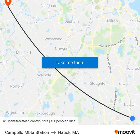 Campello Mbta Station to Natick, MA map