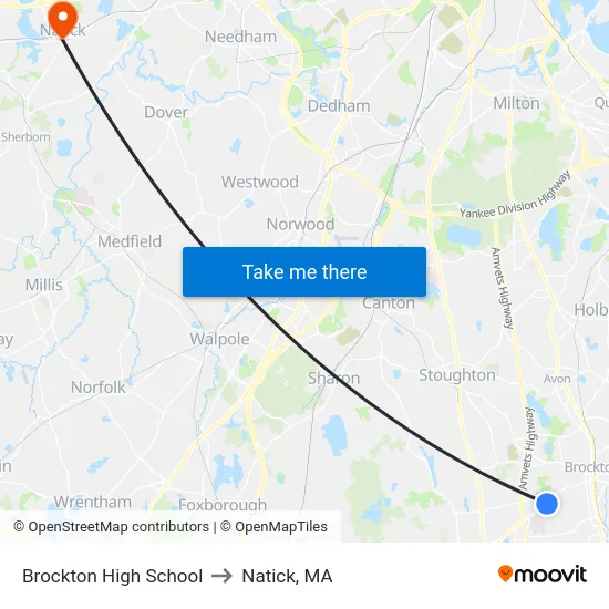 Brockton High School to Natick, MA map