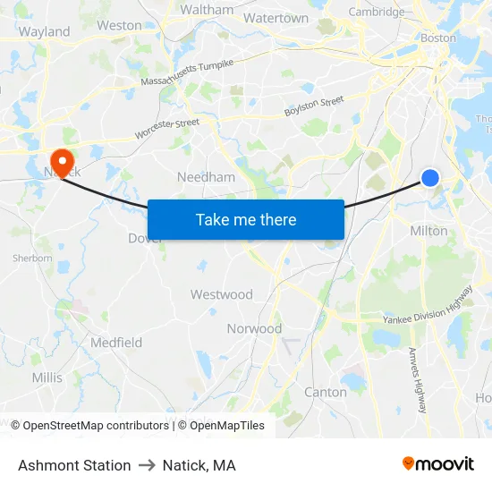 Ashmont Station to Natick, MA map