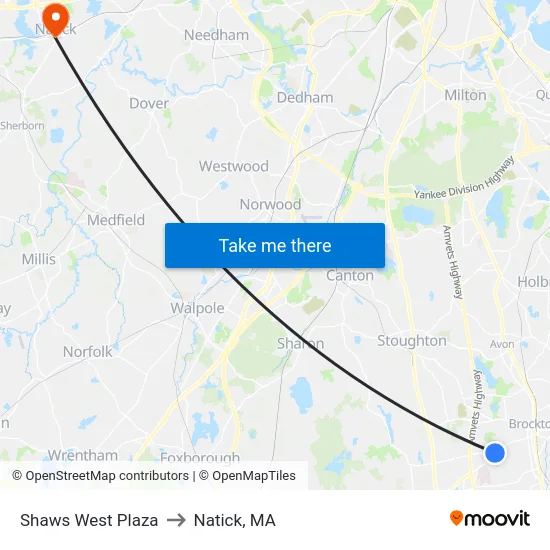 Shaws West Plaza to Natick, MA map
