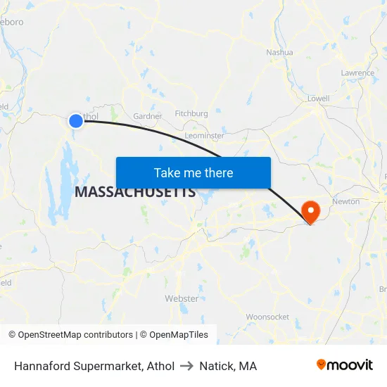 Hannaford Supermarket, Athol to Natick, MA map