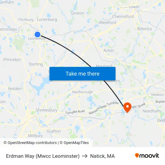 Erdman Way (Mwcc Leominster) to Natick, MA map