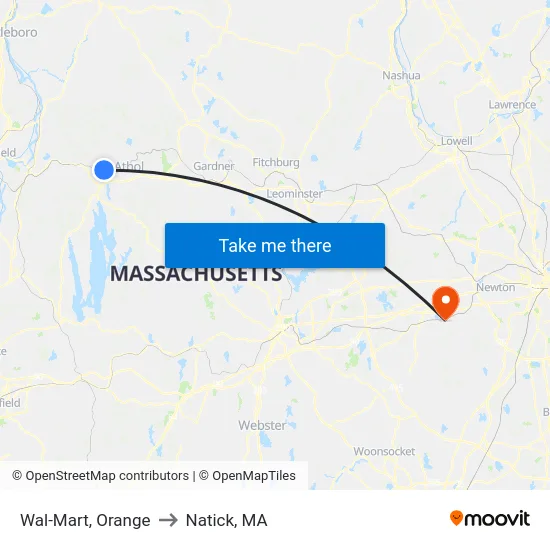 Wal-Mart, Orange to Natick, MA map