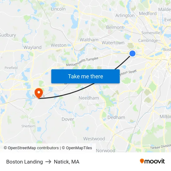 Boston Landing to Natick, MA map