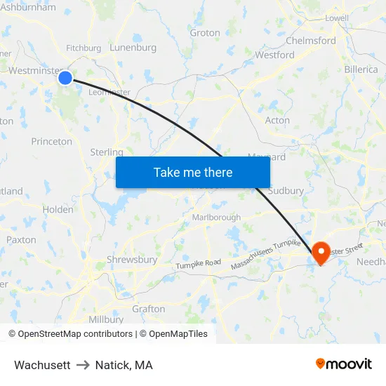 Wachusett to Natick, MA map