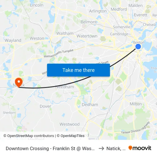 Downtown Crossing - Franklin St @ Washington St to Natick, MA map