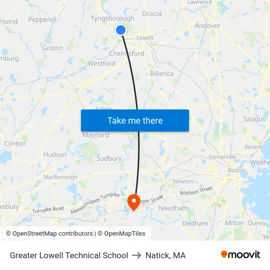 Greater Lowell Technical School to Natick, MA map